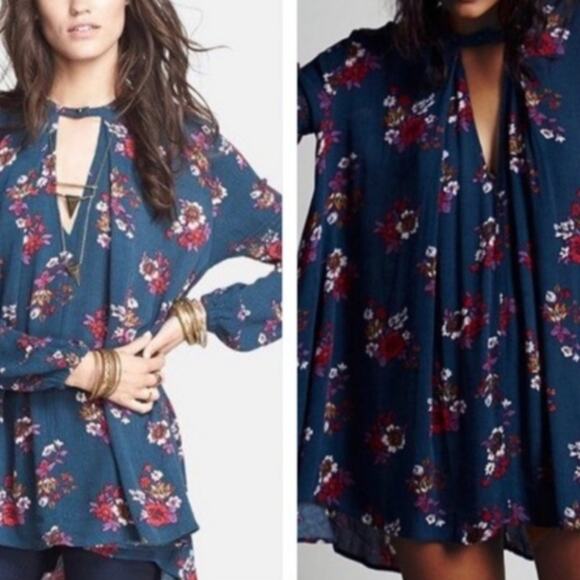 Free People Anthropologie Electric Orchard Tunic Mini Trapeze Swing Teal Dress S - Picture 12 of 15